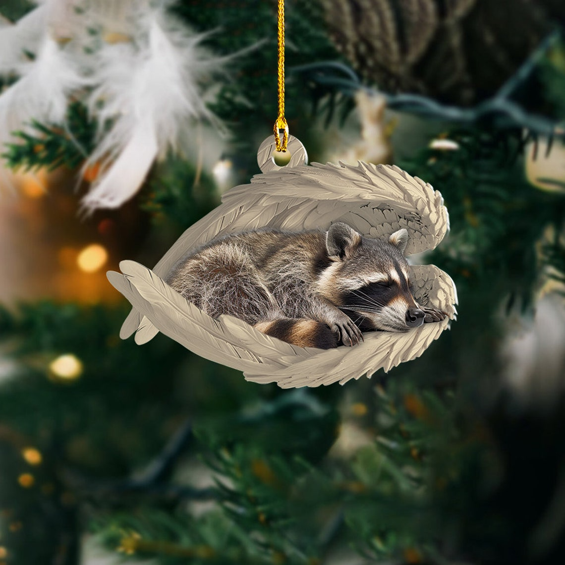 Raccoon Sleeping Angel Christmas Ornament, Raccoon Angel Wings Hanging Ornament Holiday Gift