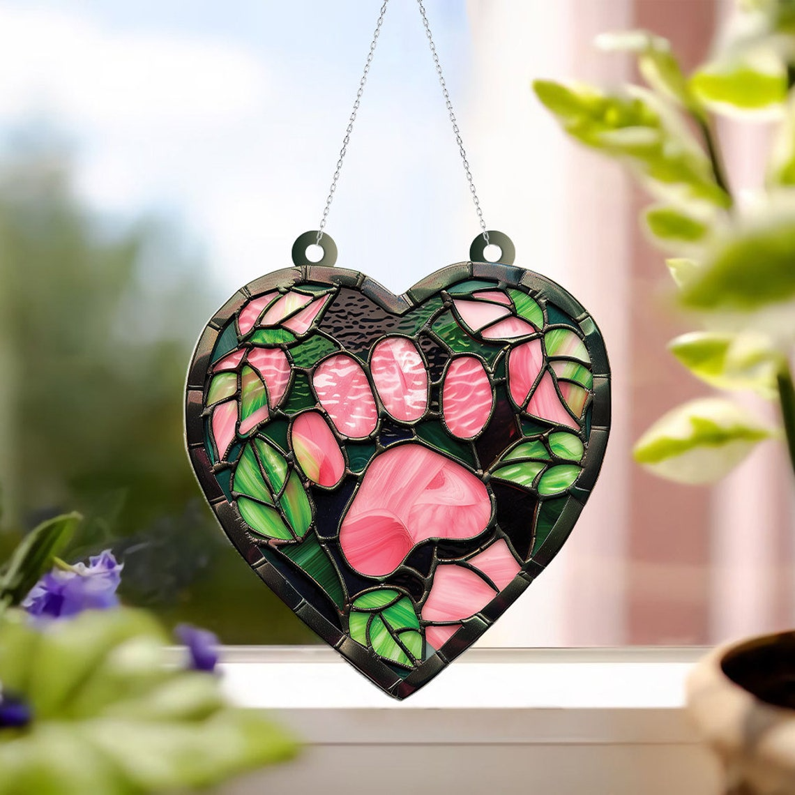 Cat's Paw Pink Hanging Suncatcher, Cat's Paw Window Hanging Ornament Decor