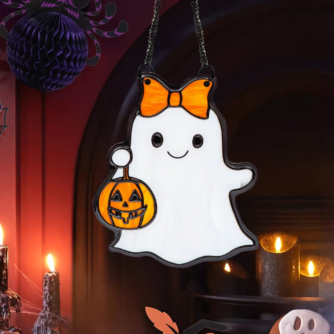 Ghost Pretty with Lantern Pumpkins Suncatcher, Cute Ghost Window Hanging Home Decor