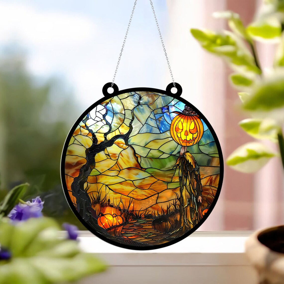 Halloween Pumpkins Road in the Night Hanging Suncatcher, Halloween Hanging Ornament Decor