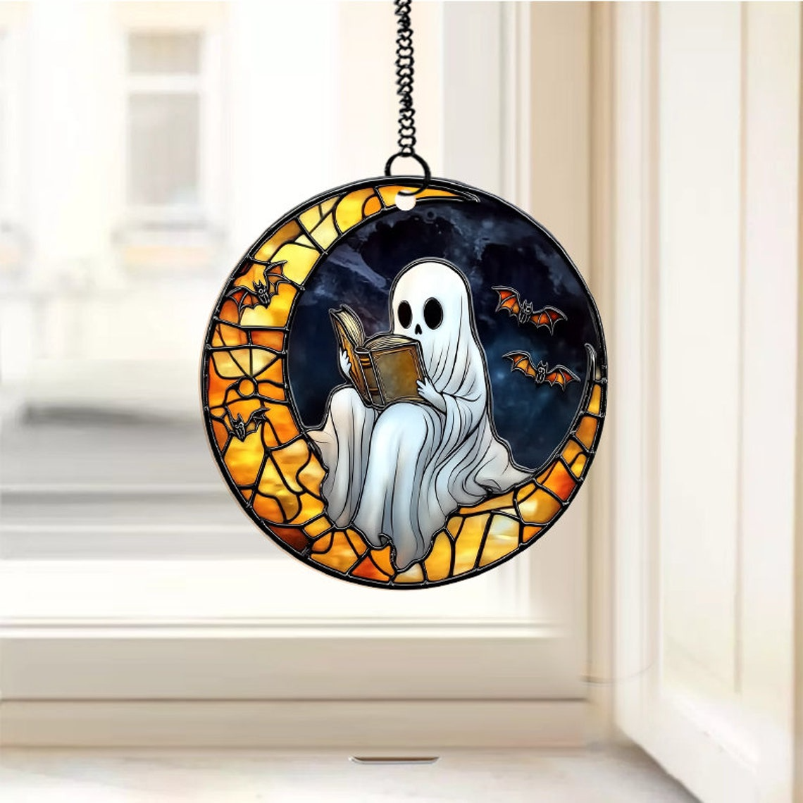 Ghost Reading Book on the Moon Suncatcher, Spooky Ghost Window Hanging Decor