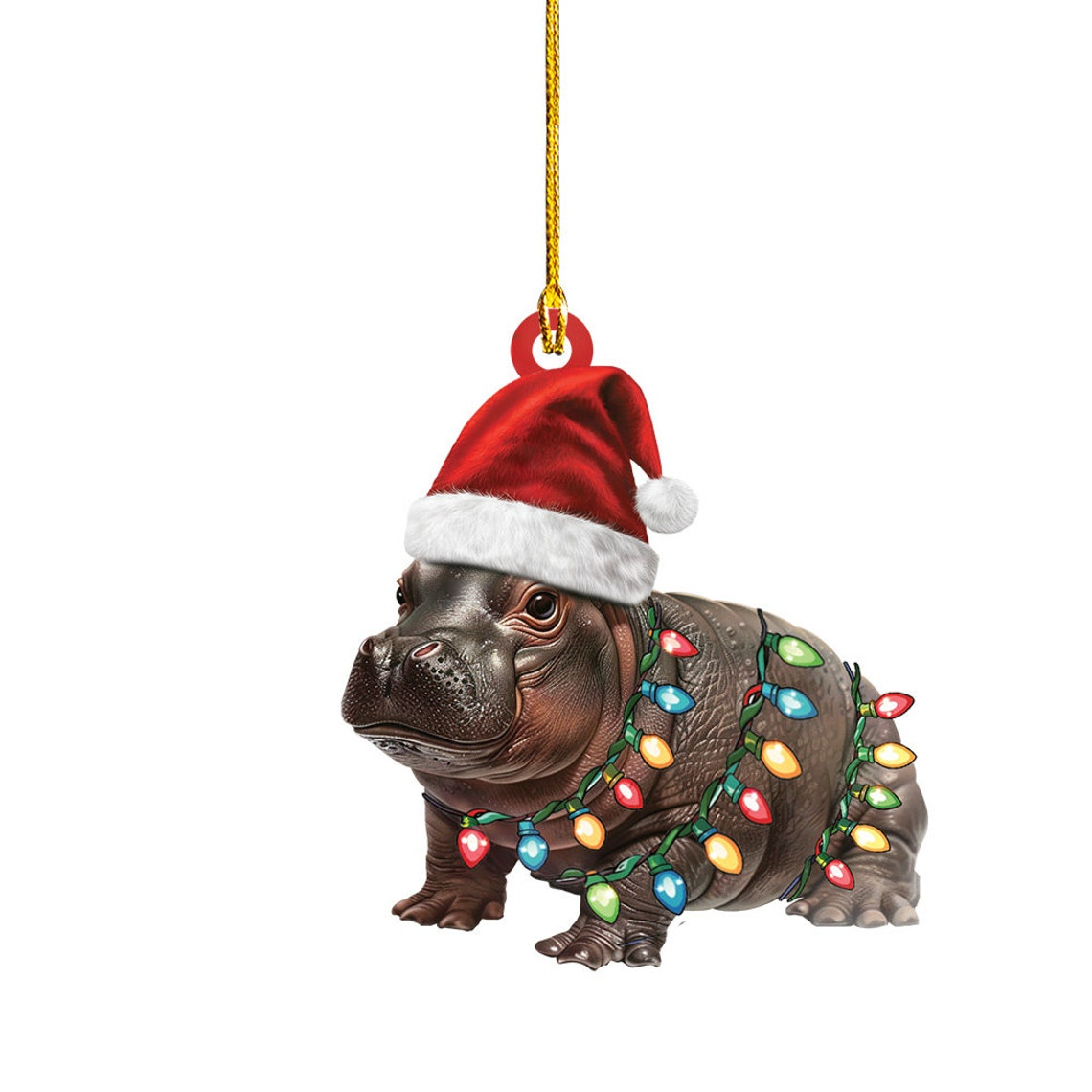 Baby Hippo Moo Deng Christmas Light Ornament, Christmas Pygmy Hippo Wearing Hat Santa Ornament