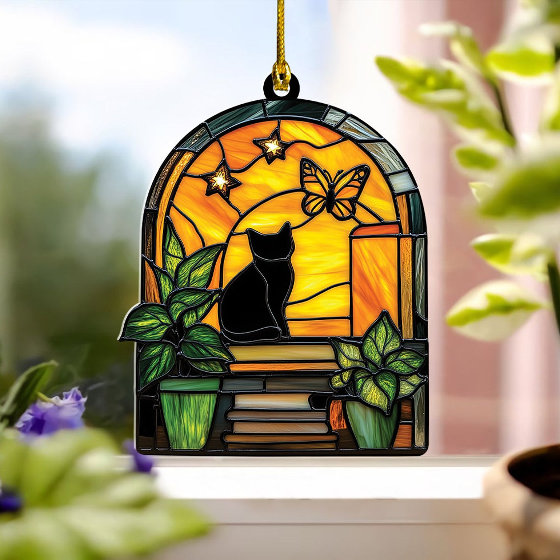 Black Cat on Bookshelf Hanging Suncatcher, Black Cat on Bookshelf Decor