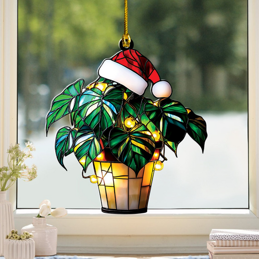 Monstera Leaves Hanging Christmas Suncatcher, Plant Pot Home Decoration Window Hanging Decor