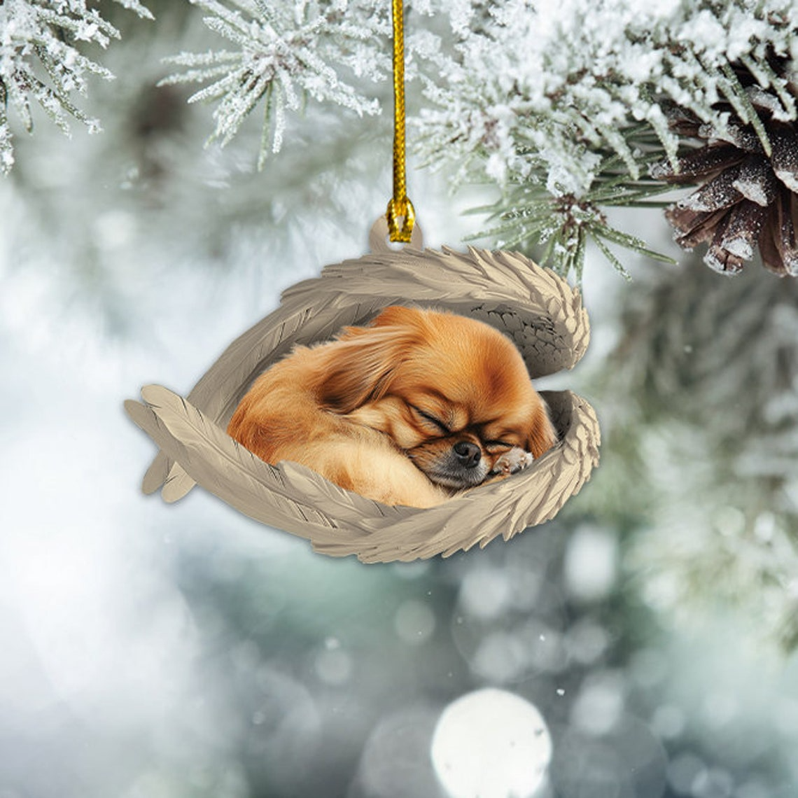 Pekingese Dog Hanging Christmas Ornament, Pekingese Dog Sleeping Angel Wings Ornament Decor