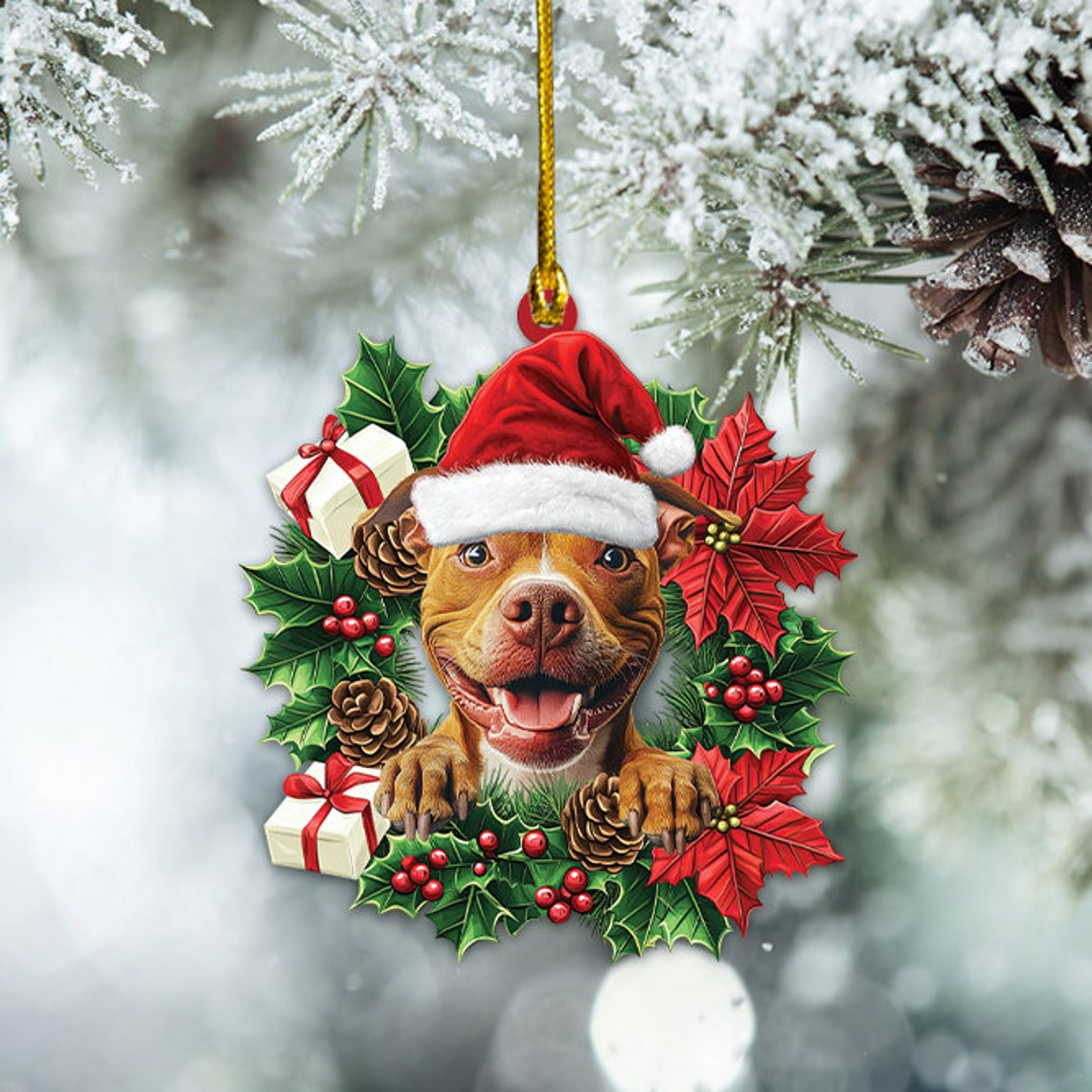 Pitbull Dog Christmas Wreath Ornament Decor, Cute Dog Hanging Christmas Ornament Decor Gift