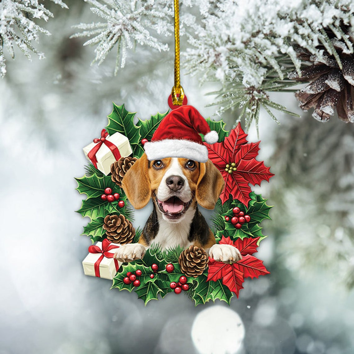 Beagle Dog Christmas Wreath Ornament, Cute Beagle Dog Christmas Tree Decor Ornament