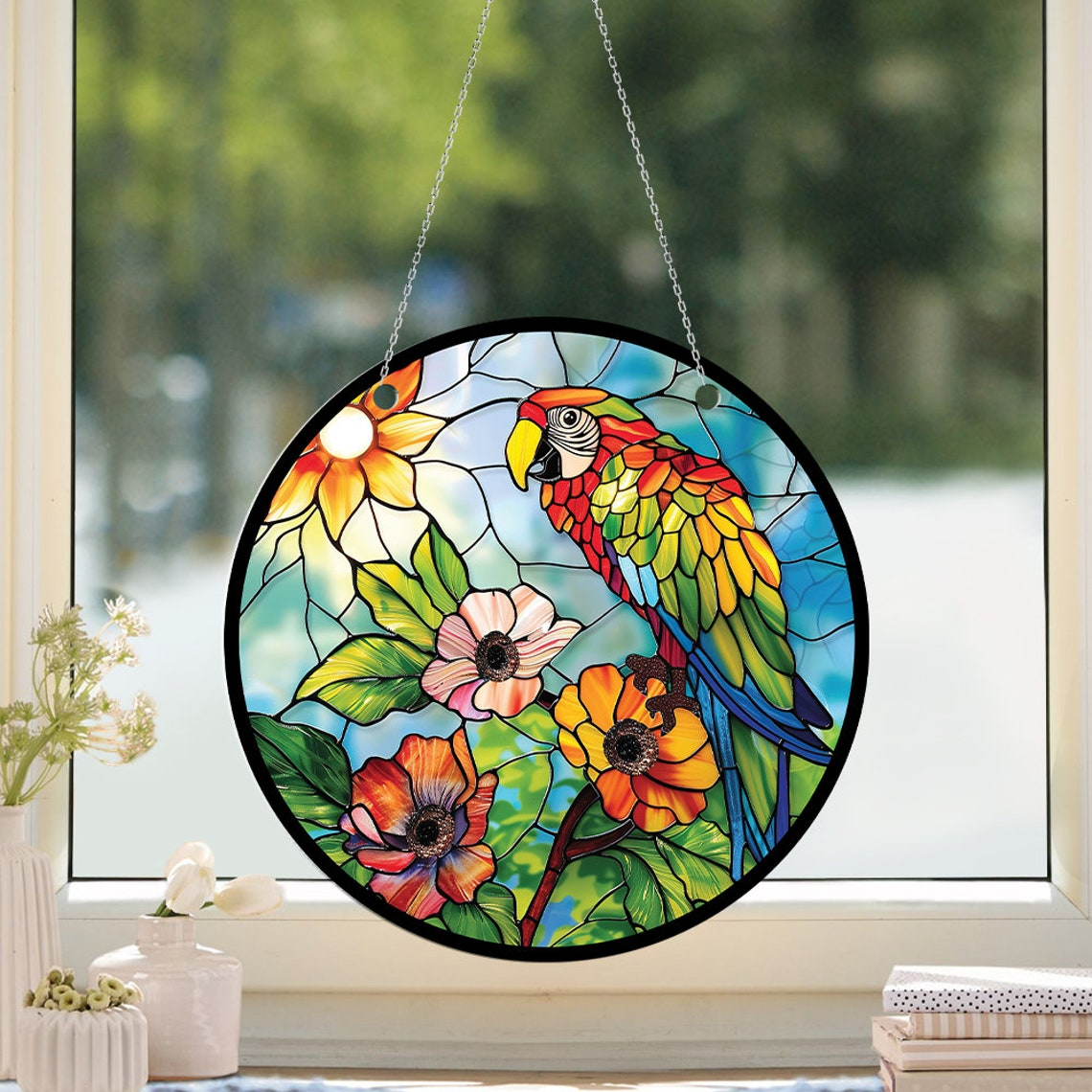 Parrot and Flower Suncatcher Ornament, Parrot Floral Window Hanging Ornament Decor