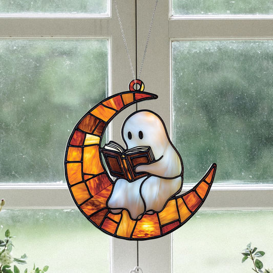 Cute Ghost Reading Books Suncatcher, Cute Ghost Halloween Suncatcher