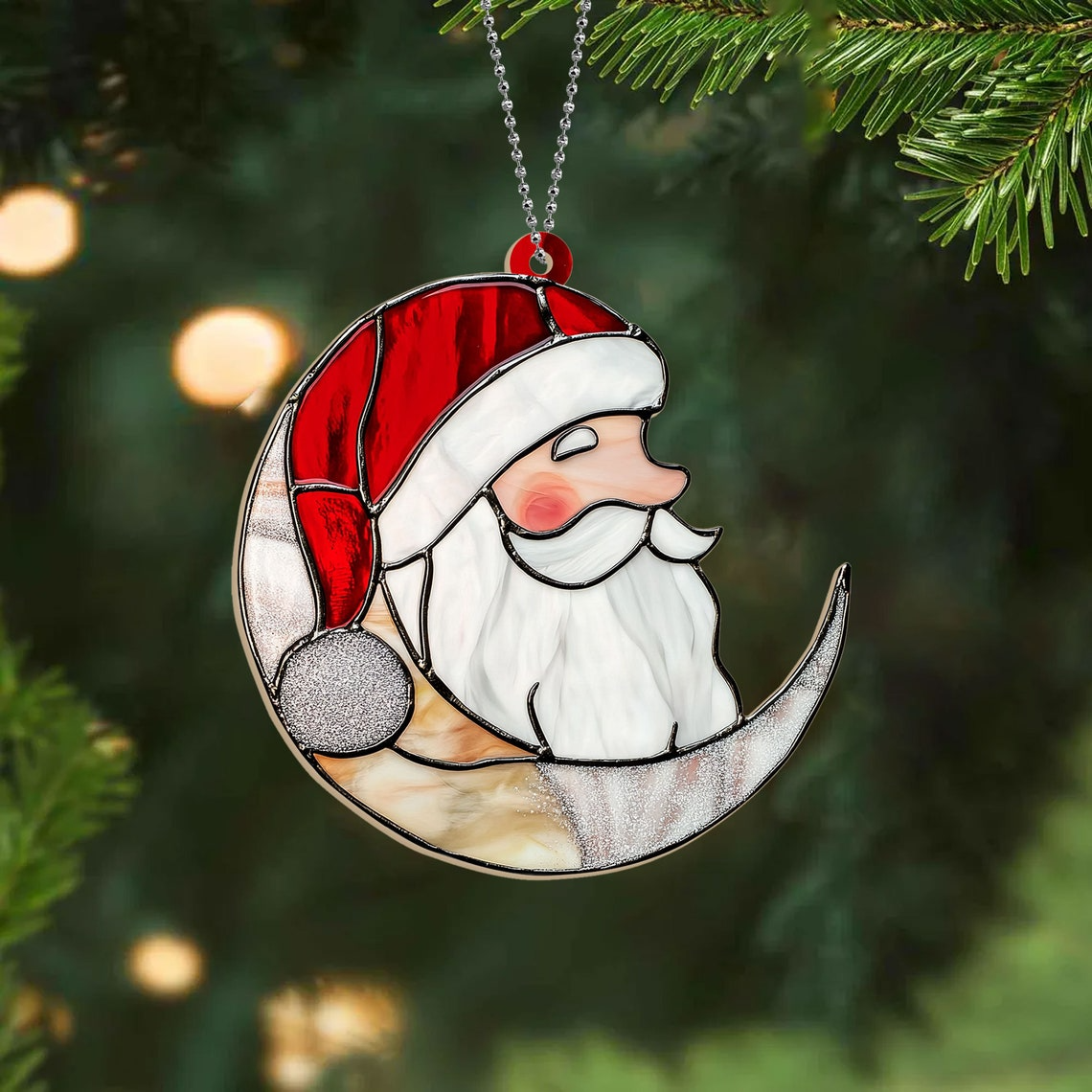 Santa Face on the Moon Suncatcher Ornament, Santa Claus Hanging Christmas Ornament