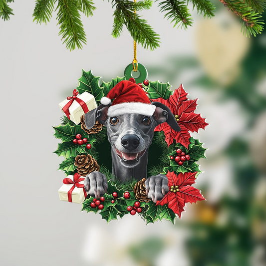 Greyhound Dog Christmas Wreath Ornament, Greyhound Dog Christmas Tree Ornament