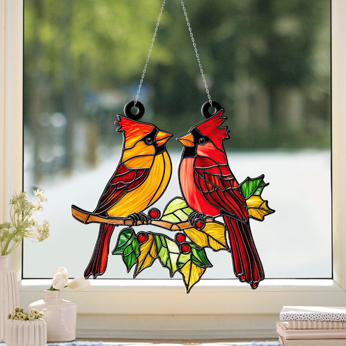 Cardinals Couple Suncatcher Ornament, Cardinals Christmas Ornament