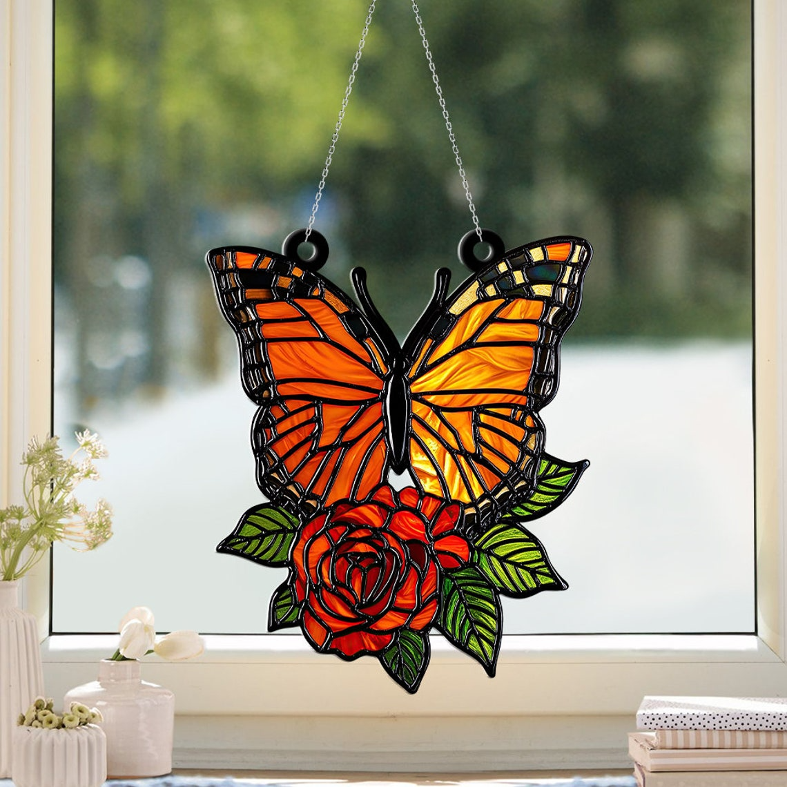 Unique Rose Butterfly Suncatcher Ornament, Flower Acrylic Window Hanging Ornament Decor