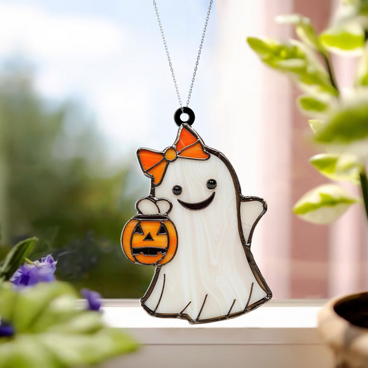 Ghost Laugh and Pumpkin Halloween Suncatcher, Ghost Hanging Window Ornament