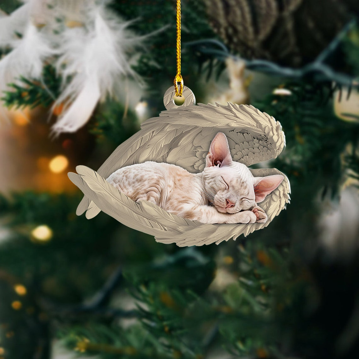 Devon Rex Cat Sleeping Angel Hanging Christmas Ornament, Cute Rex Cat Angel Wings Ornament Decor