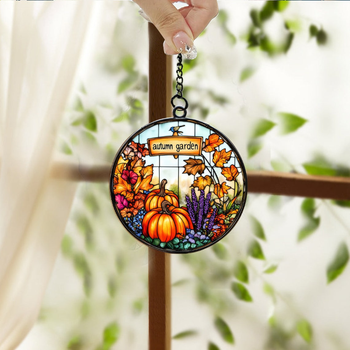 Autumn Pumpkin and Flower Garden Suncatcher, Pumpkin Halloween Ornament