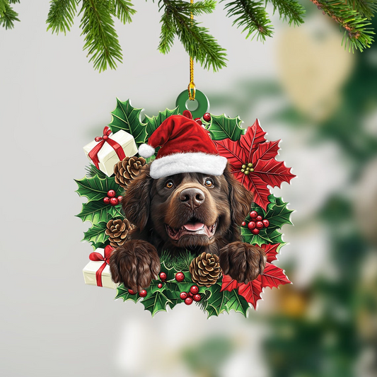 Newfoundland Dog Christmas Wreath Ornament, Newfoundland Dog Christmas Ornament Decor