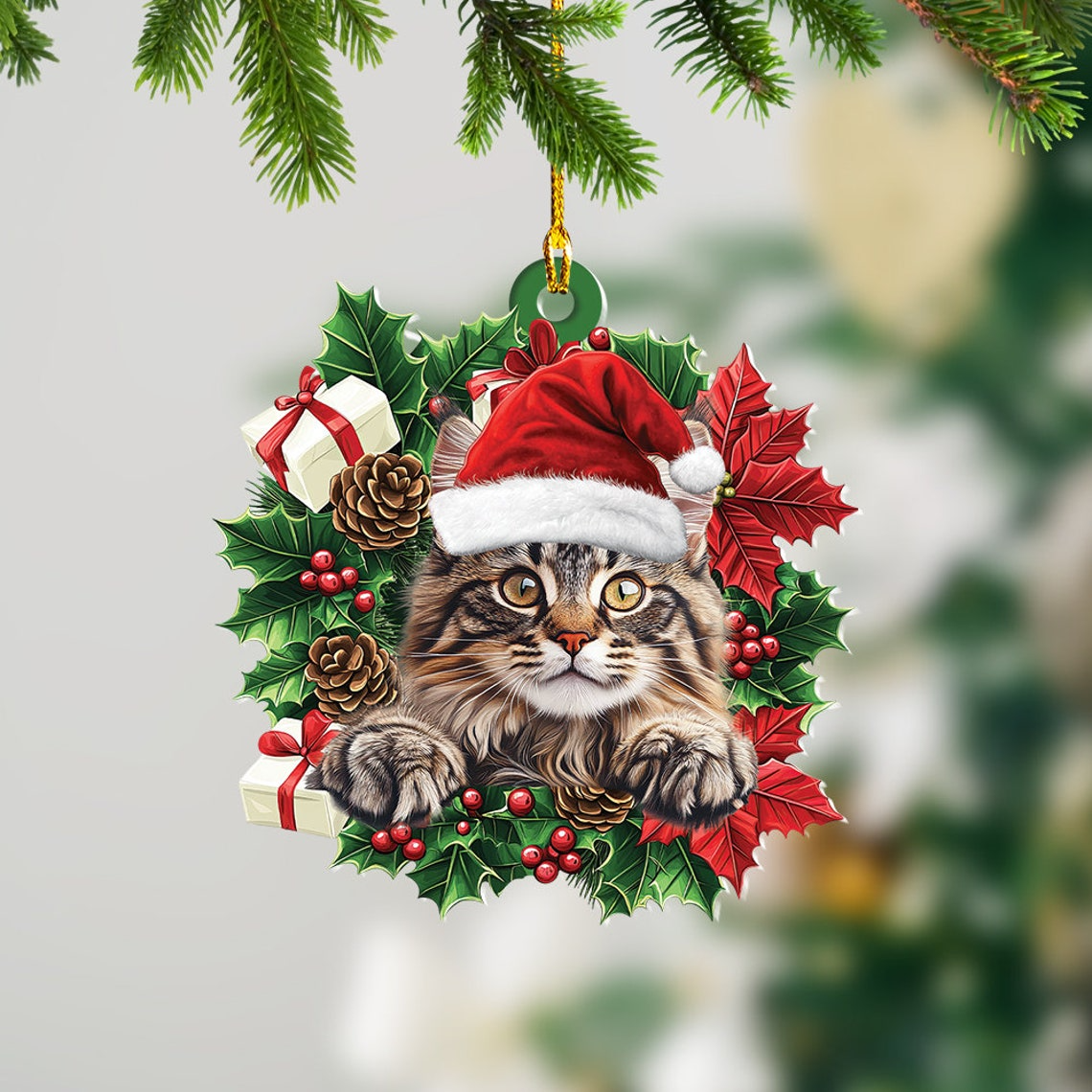 Maine Coon Cat Christmas Wreath Ornament, Maine Coon Cat Christmas Ornament Decor Holiday