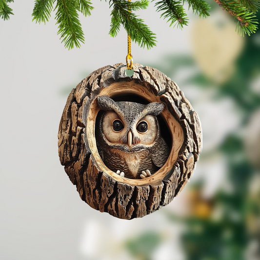 Owl Flat in a Hollow Tree Christmas Ornament, Ornament Christmas Bird Hanging Decor Holiday Gift