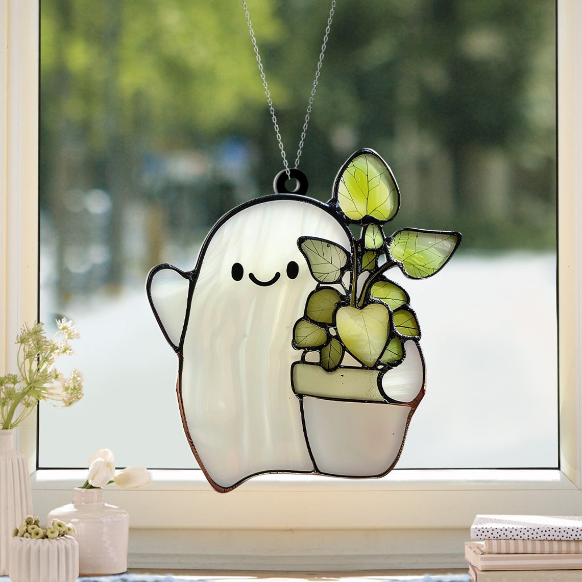 Ghost Plant Hanging Window Suncatcher Decor, Halloween Cute Ghost Hug Planter Ornament