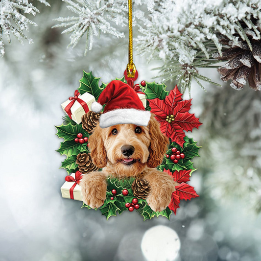 Goldendoodle Dog Christmas Wreath Ornament, Goldendoodle Dog Hanging Christmas Ornament Decor Gift