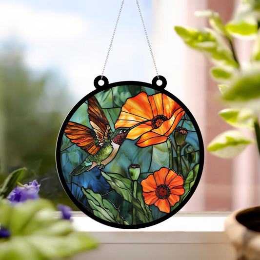 Hummingbird Poppy Orange Suncatcher, Hummingbird Flower Hanging Ornament Decor