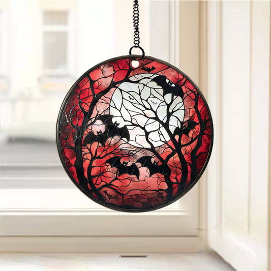 Bat And Moon with Red Sky Halloween Suncatcher, Halloween in the Night Moon Ornament