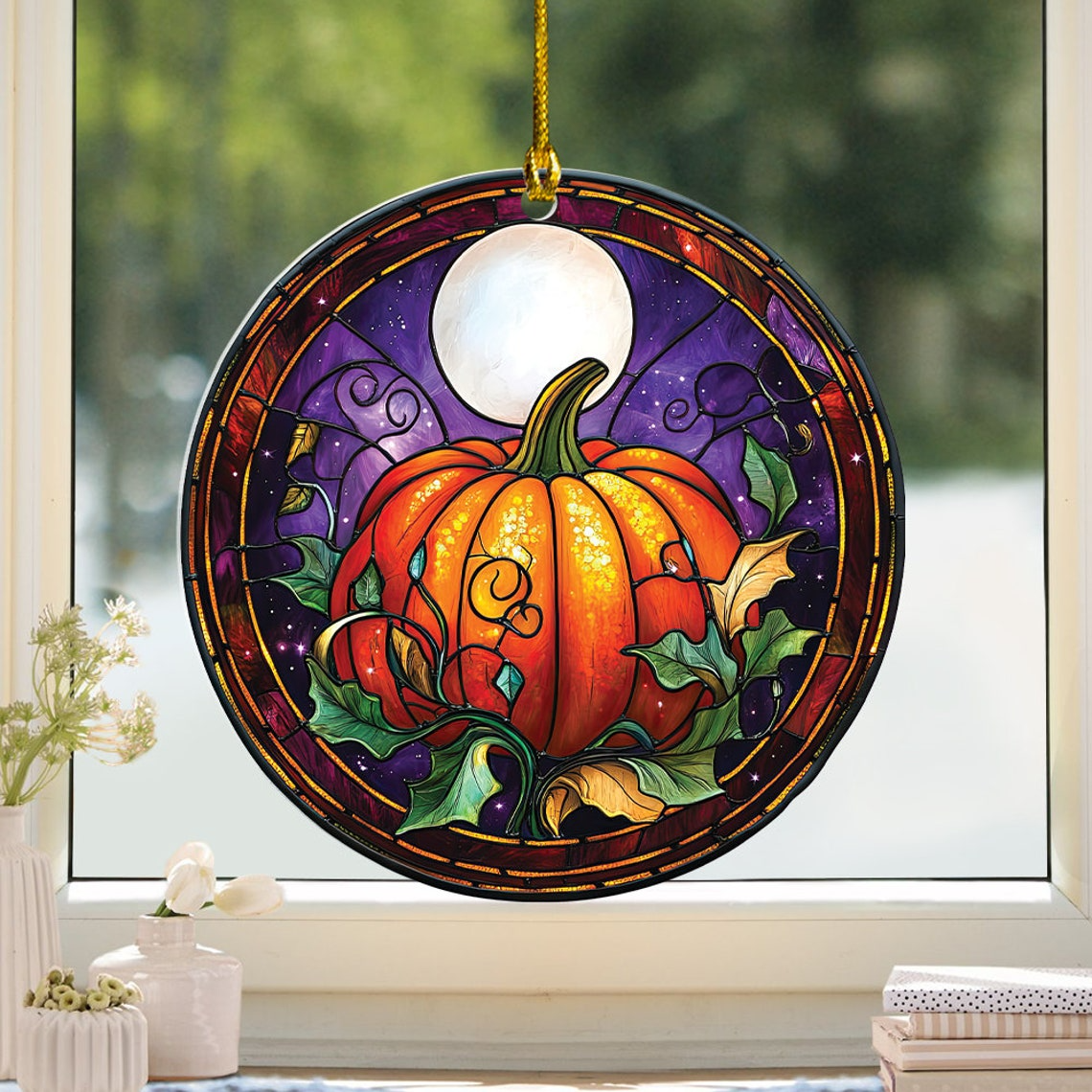 Pumpkin on the Moon Circle Suncatcher, Halloween Pumpkin Home Decor