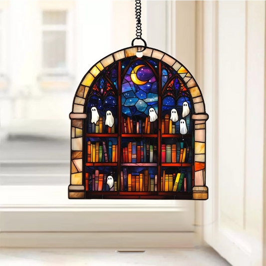 Halloween Ghosts in Haunted Library Suncatcher, Vintage Ghost Hanging Ornament Decor