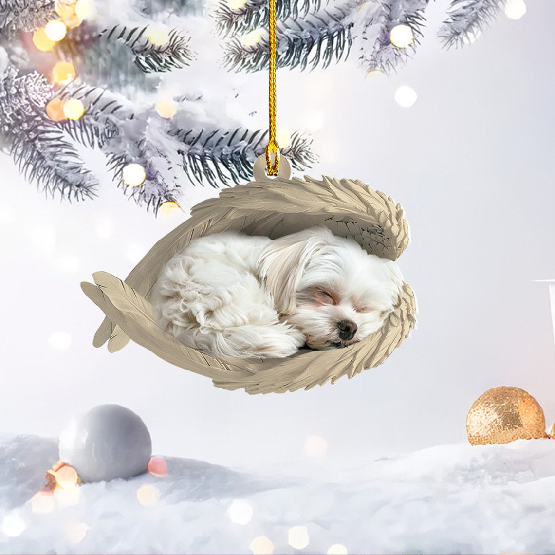 Cute Maltese Dog Christmas Ornament Gift, Maltese Dog Sleeping Angel Wings Ornament