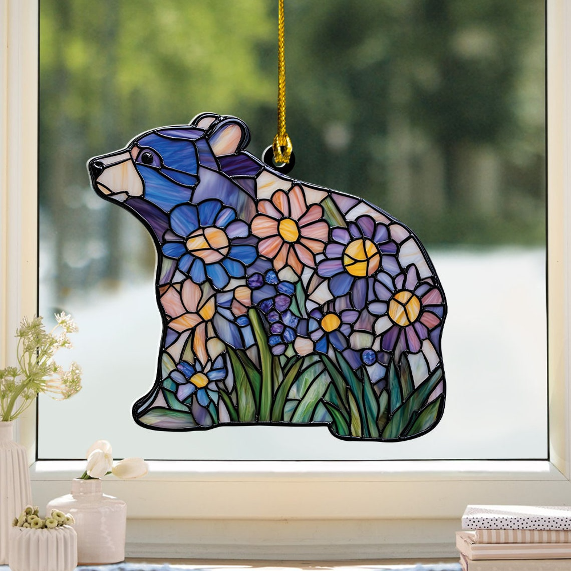 Bear Flower Suncatcher Ornament, Bear Flower Sun Light Catcher Decor