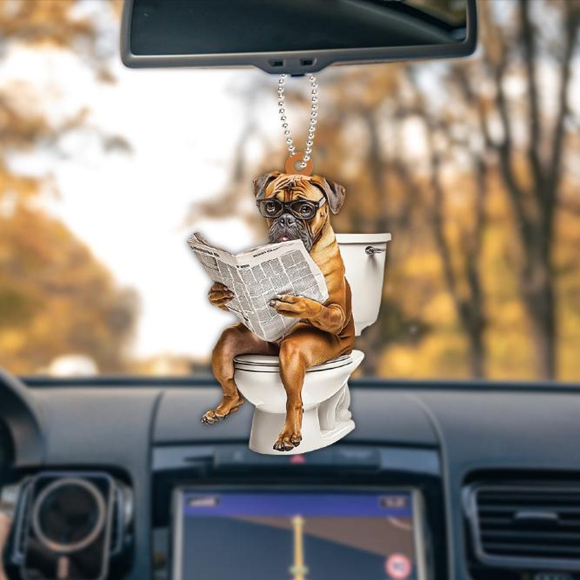 Funny Boxer Dog Sitting On Toilet Ornament, Boxer Dog Reading Newspaper Ornament Decor