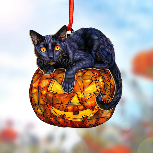 Cat Lying on the Pumpkin Halloween Hanging Suncatcher, Halloween Cute Cat Pumpkin Ornament