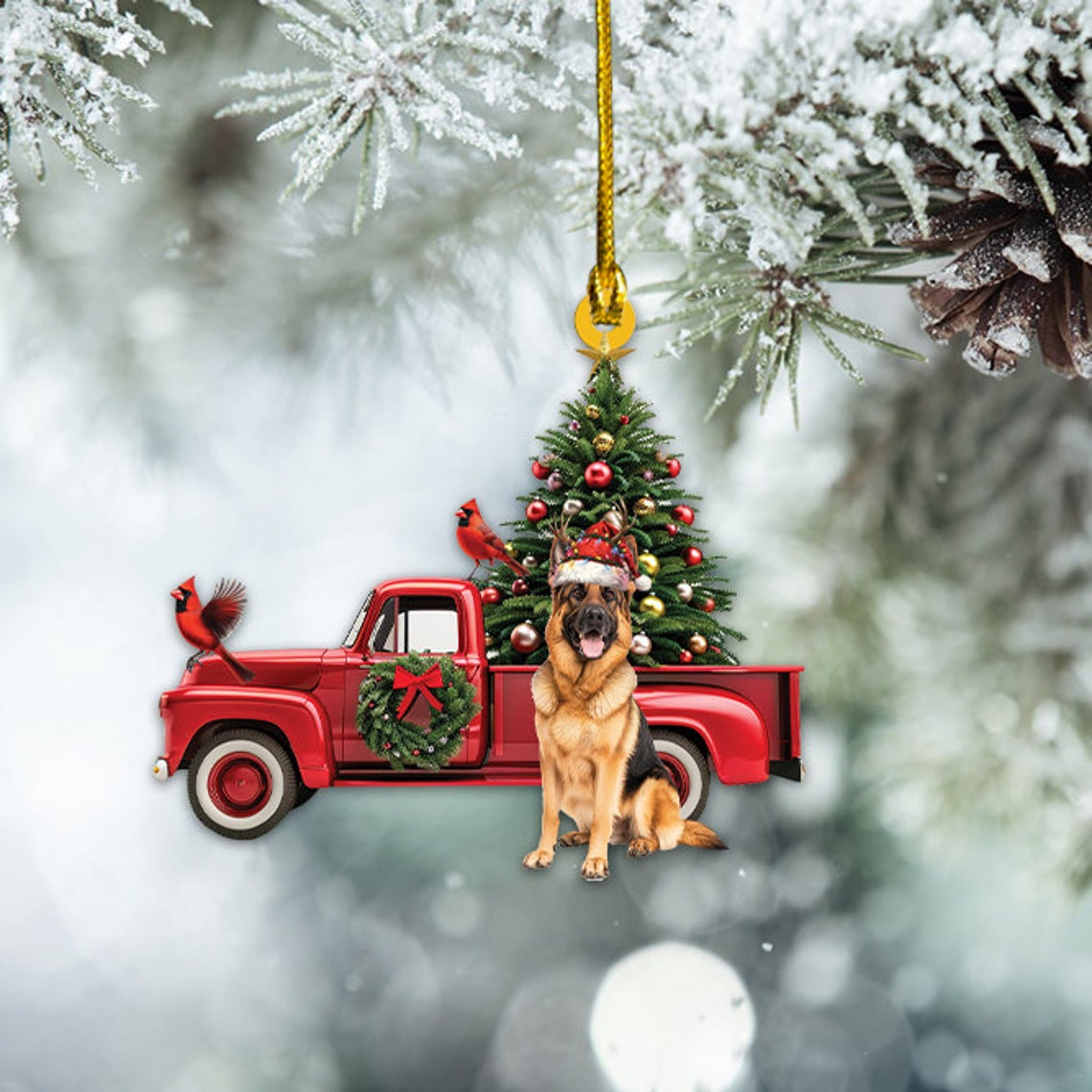 German Shepherd Dog And Red Truck Christmas Ornament, Cute Shepherd Dog Christmas Ornament Gift