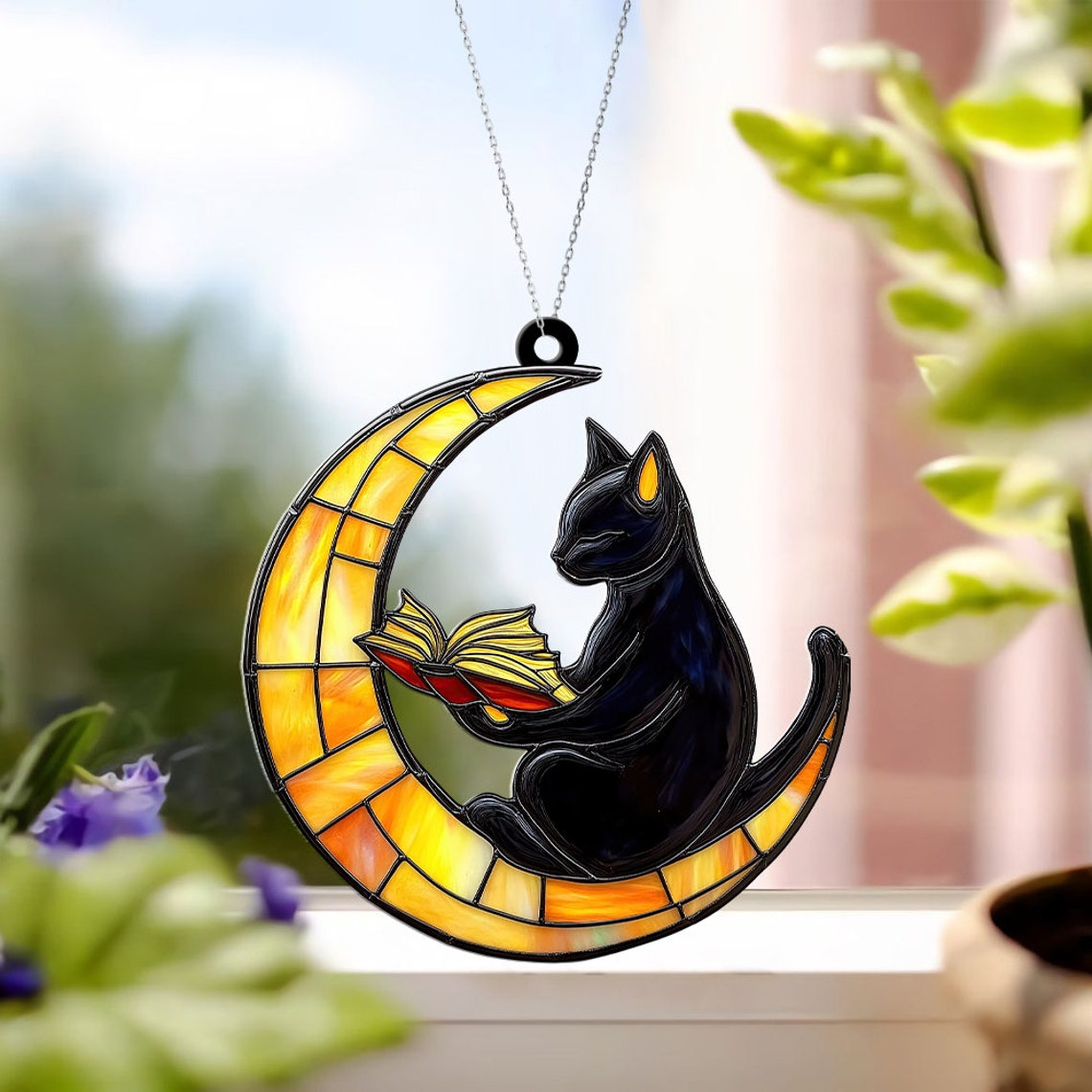 Cat Reading Books on The Moon Suncatcher, Cat on The Moon Hanging Decor