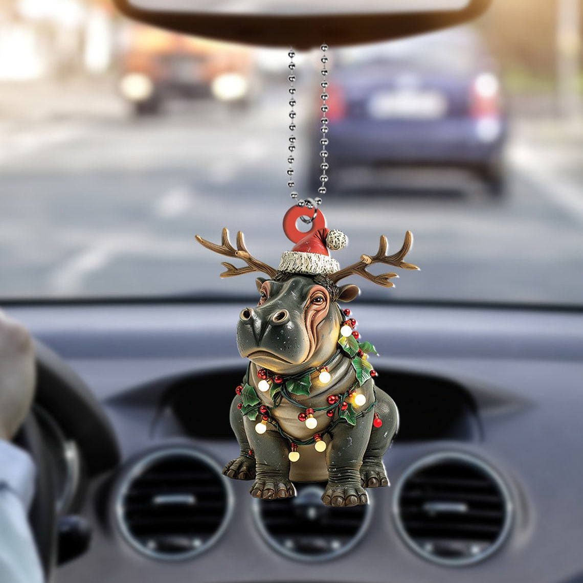 Cute Baby Hippo Moo Deng Hanging Decor Ornament, Christmas Light Hippo Rearview Mirror Car Ornament