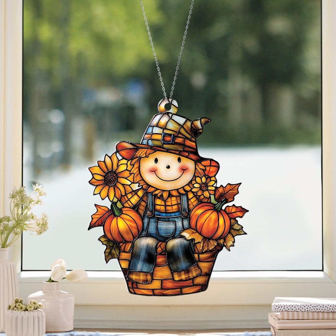 Scarecrow Suncatcher, Scarecrow Pumpkin Flower Suncatcher Ornament