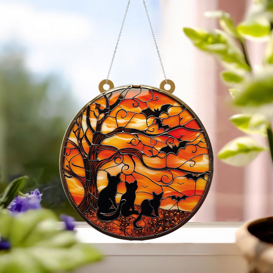 Cats in The Night Halloween Suncatcher Ornament, Halloween Cat Pumpkin Ornament