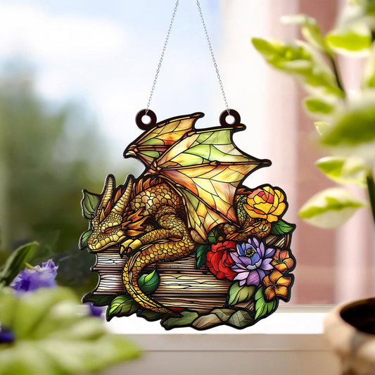 Book Dragon Flower Suncatcher Ornament, Books Lovers Librarian Ornament Gift