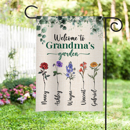 Personalized Welcome To Grandma's Garden Flag,  Birth Month Flowers Flag With Kids Name