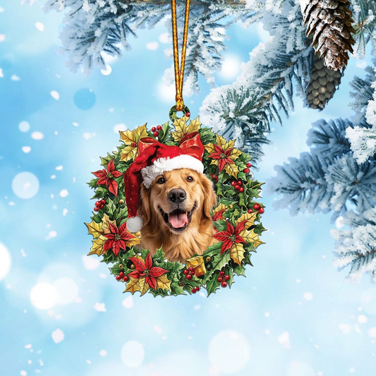 Golden Retriever and Christmas Wreath Ornament, Christmas Dog Hanging Ornament Decor Gift