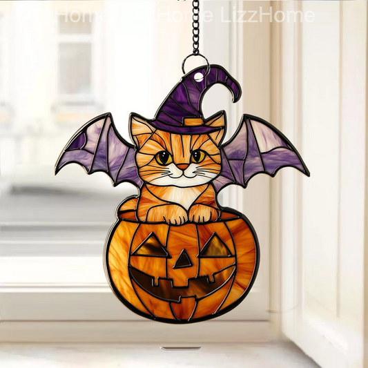 Cute Cat Witch with Pumpkin Suncatcher, Halloween Cat Witch and Pumpkin Hanging Decor