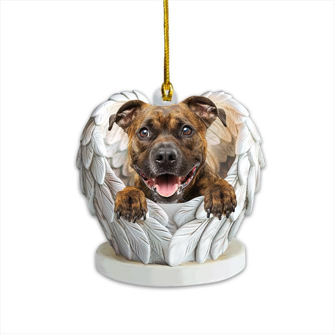 Christmas Brindle Staffy Dog Angel Wings Flat Ornament, Brindle Staffy Dog Christmas Ornament