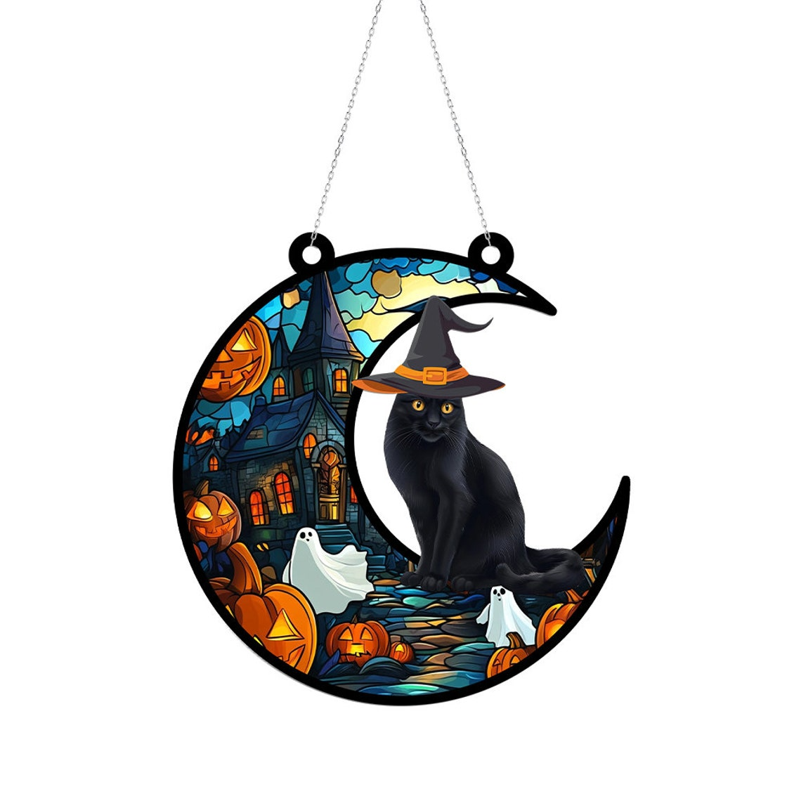 Witchy Cat on the Moon Haunted House Suncatcher, Cat Hanging Ornament Halloween Decor