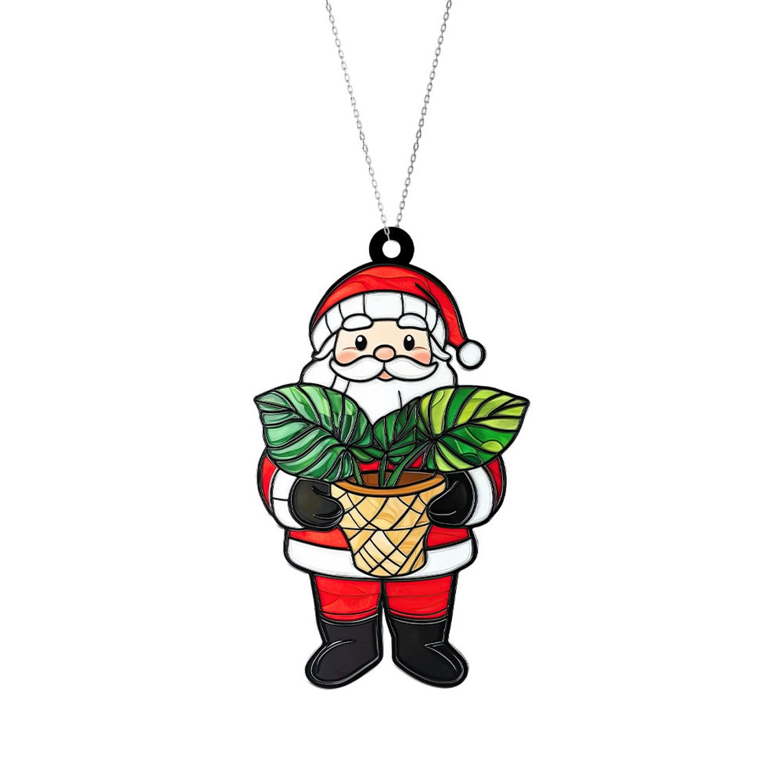 Cute Santa Monstera Pot Suncatcher Ornament, Monstera Window Hanging Christmas Decor