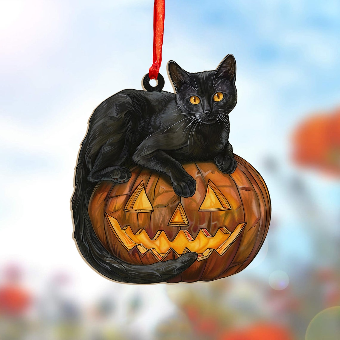 Cat Pumpkin Halloween Hanging Suncatcher, Halloween Cat Pumpkin Decor Home Ornament