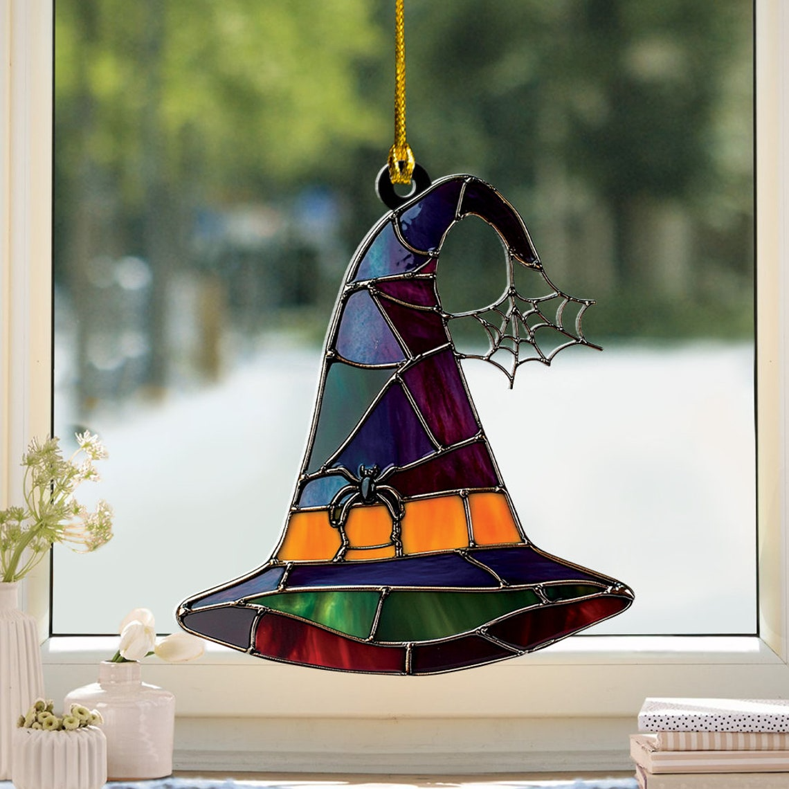 Spider Witch Hat Halloween Suncatcher, Witch Hat Window Hanging Ornament Home Decor