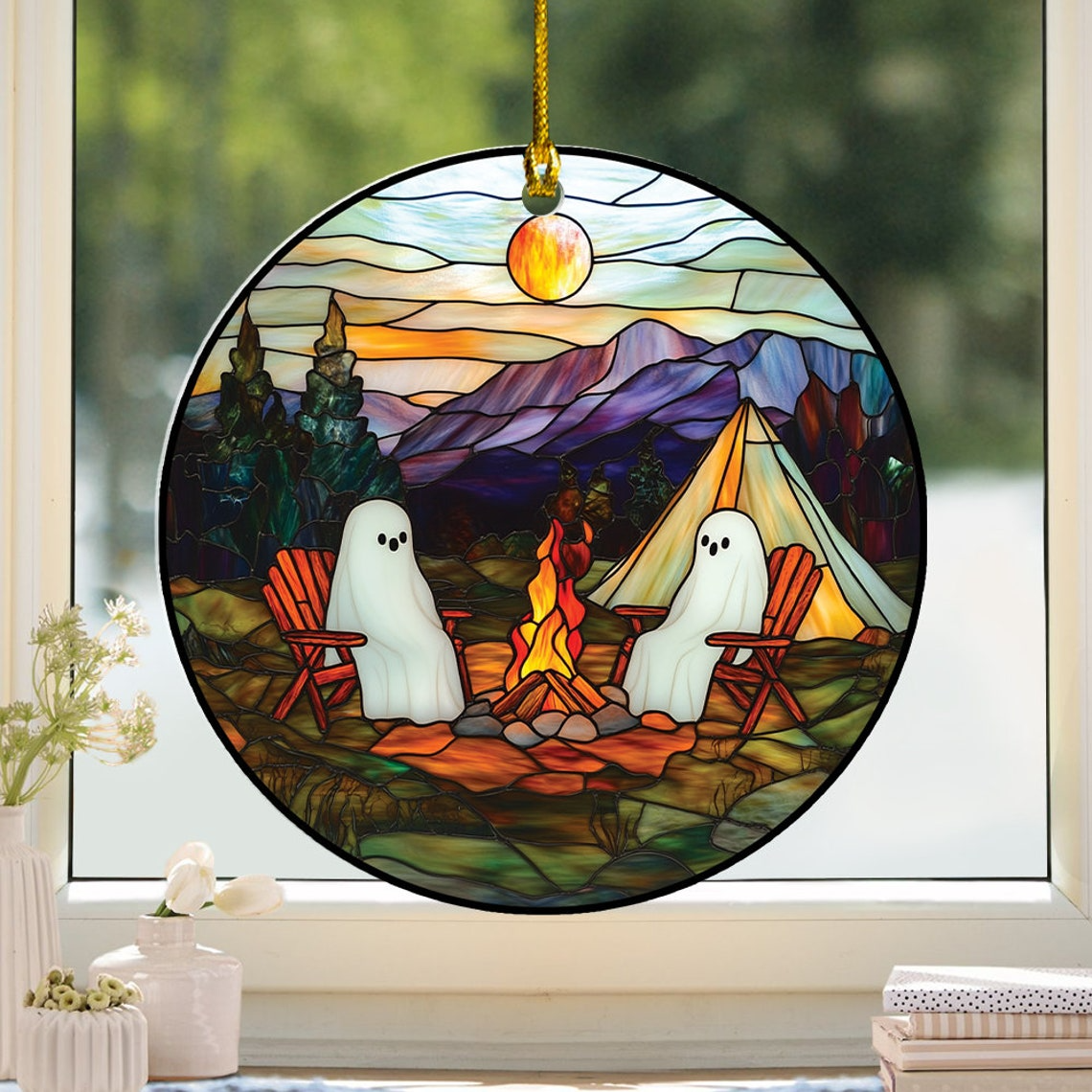 Couple Ghost Camping Hanging Suncatcher, Ghosts Camping Ornament Home Decor