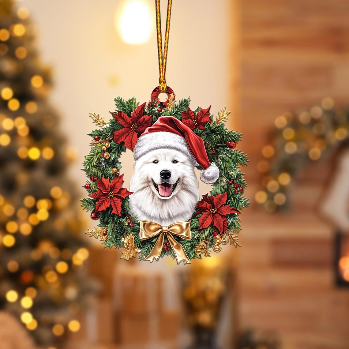 Cute Samoyed Dog Christmas Wreath Ornament, Samoyed Hanging Christmas Ornament Decor Gift