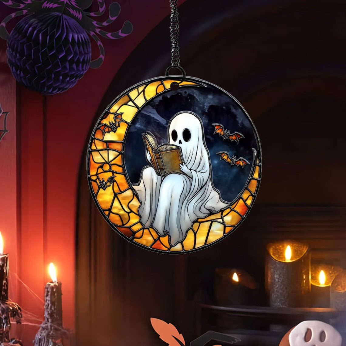 Ghost Reading Book on the Moon Suncatcher, Spooky Ghost Window Hanging Decor